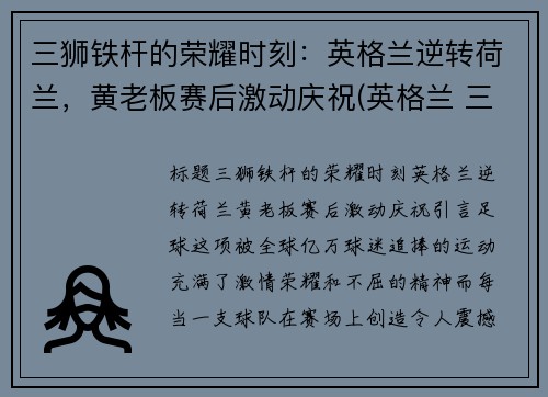 三狮铁杆的荣耀时刻：英格兰逆转荷兰，黄老板赛后激动庆祝(英格兰 三狮)