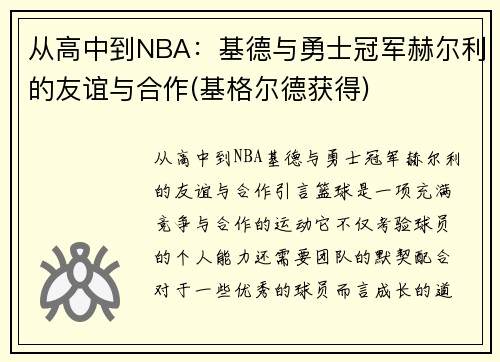 从高中到NBA：基德与勇士冠军赫尔利的友谊与合作(基格尔德获得)