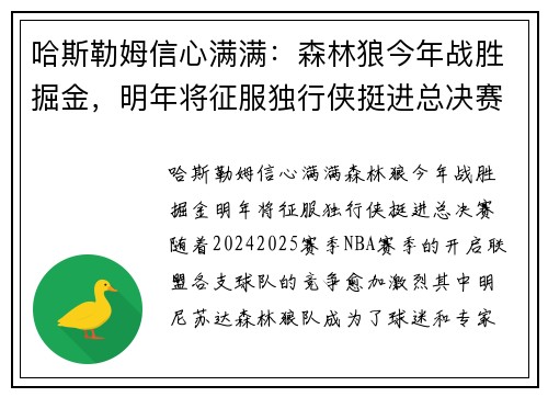 哈斯勒姆信心满满：森林狼今年战胜掘金，明年将征服独行侠挺进总决赛
