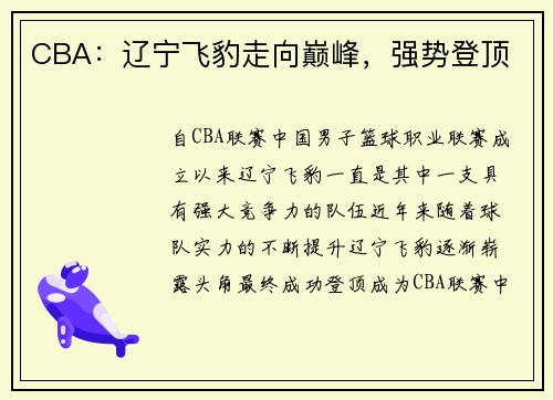 CBA：辽宁飞豹走向巅峰，强势登顶