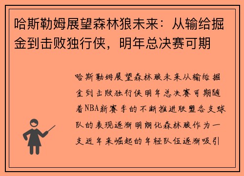哈斯勒姆展望森林狼未来：从输给掘金到击败独行侠，明年总决赛可期