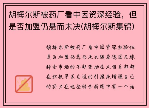 胡梅尔斯被药厂看中因资深经验，但是否加盟仍悬而未决(胡梅尔斯集锦)