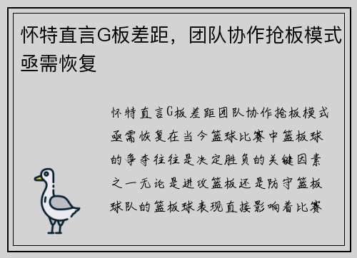 怀特直言G板差距，团队协作抢板模式亟需恢复