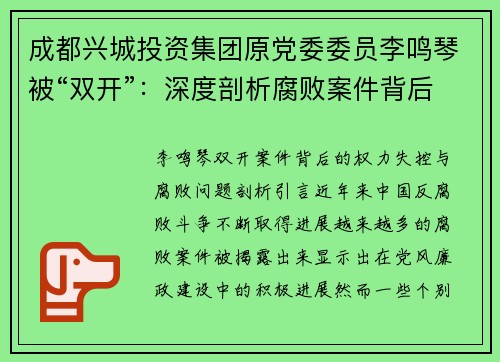 成都兴城投资集团原党委委员李鸣琴被“双开”：深度剖析腐败案件背后的权力失控